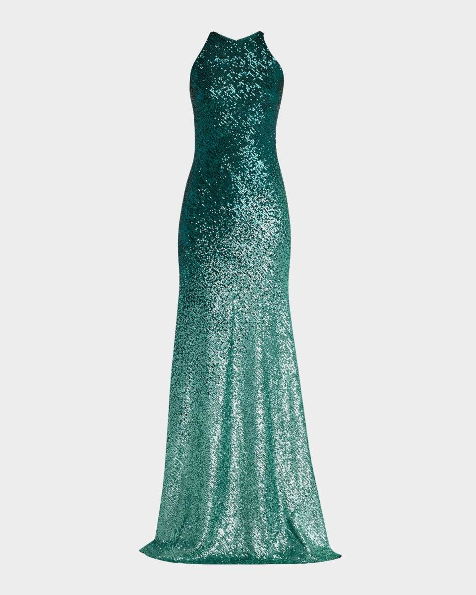 Ombre Stretch Sequin Halter Gown